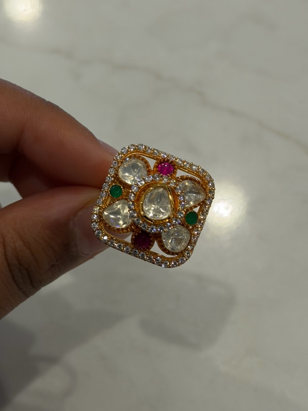 Adjustable Kundan Style Statement Ring | Pink Green Crystal Cocktail Ring